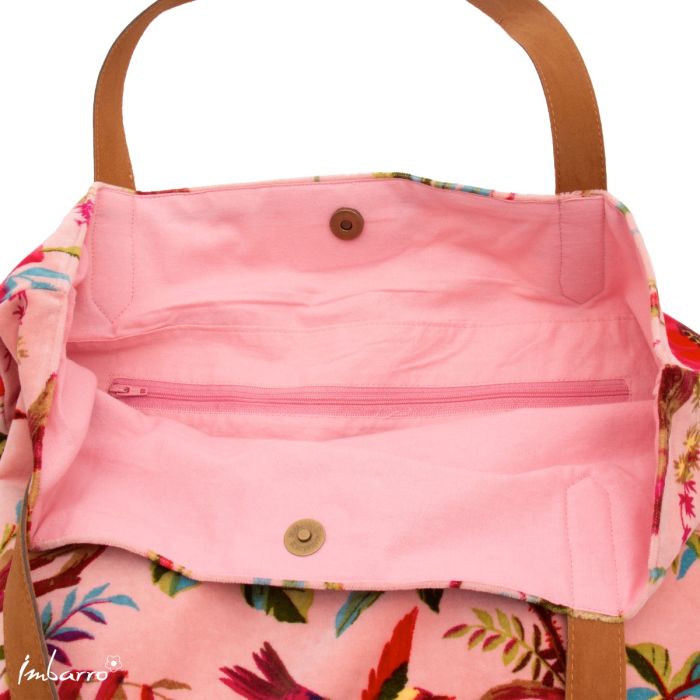 Shopper Tasche Dusty Pink – edle Samttasche mit floralem Vogelmotiv in Rosa