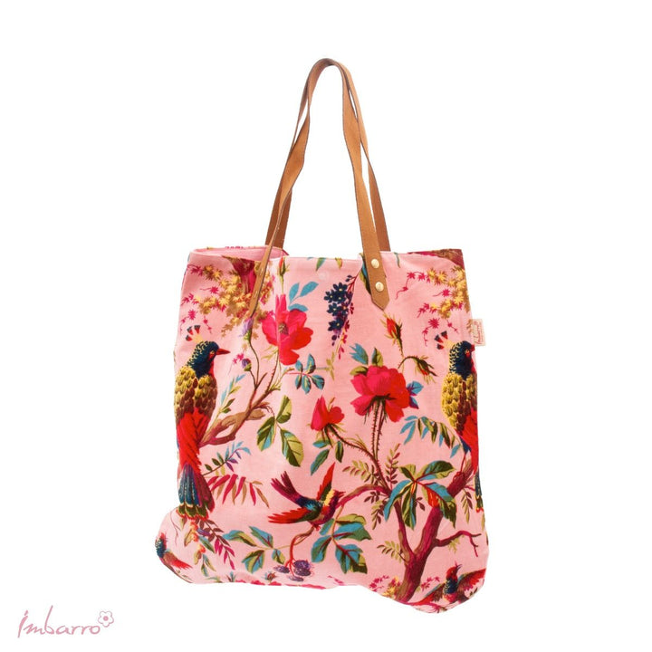 Shopper Tasche Dusty Pink – edle Samttasche mit floralem Vogelmotiv in Rosa