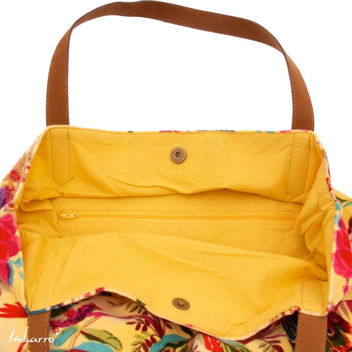 Shopper Tasche Honey – elegante Samttasche mit floralem Vogelmotiv in Gelb