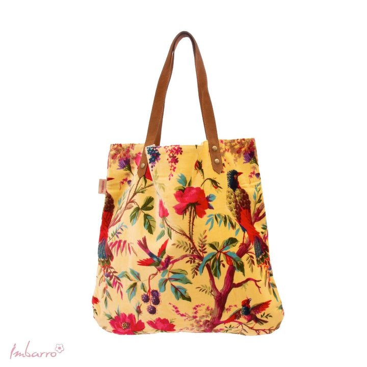 Shopper Tasche Honey – elegante Samttasche mit floralem Vogelmotiv in Gelb