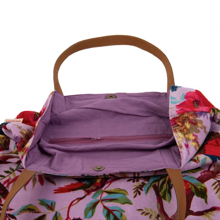 Shopper Tasche Lilac Bloom – elegante Samttasche mit floralem Vogelmotiv in Lila Rosa