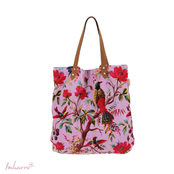 Shopper Tasche Lilac Bloom – elegante Samttasche mit floralem Vogelmotiv in Lila Rosa