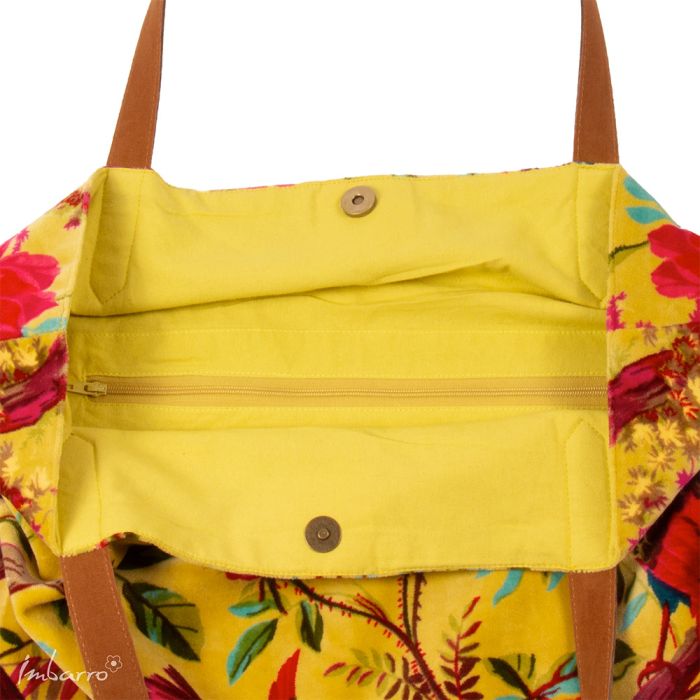 Shopper Tasche Paradise – luxuriöse Samttasche mit floralem Design in Gelb Grün