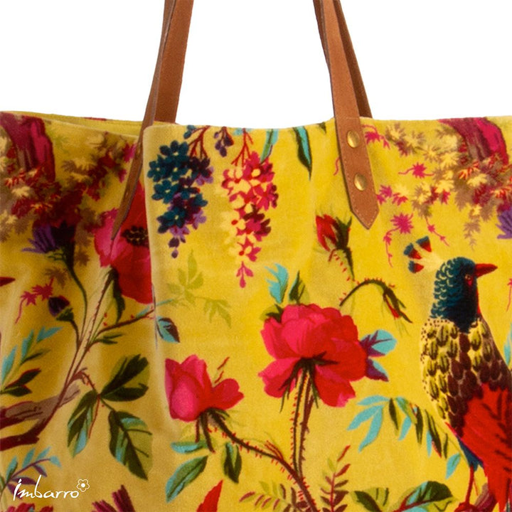 Shopper Tasche Paradise – luxuriöse Samttasche mit floralem Design in Gelb Grün