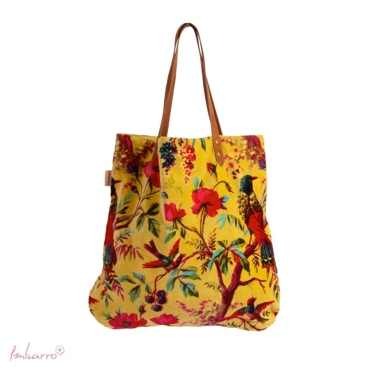 Shopper Tasche Paradise – luxuriöse Samttasche mit floralem Design in Gelb Grün