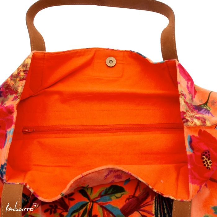 Shopper Tasche Mandarine – elegante Samttasche mit floralem Vogelmotiv in Orange