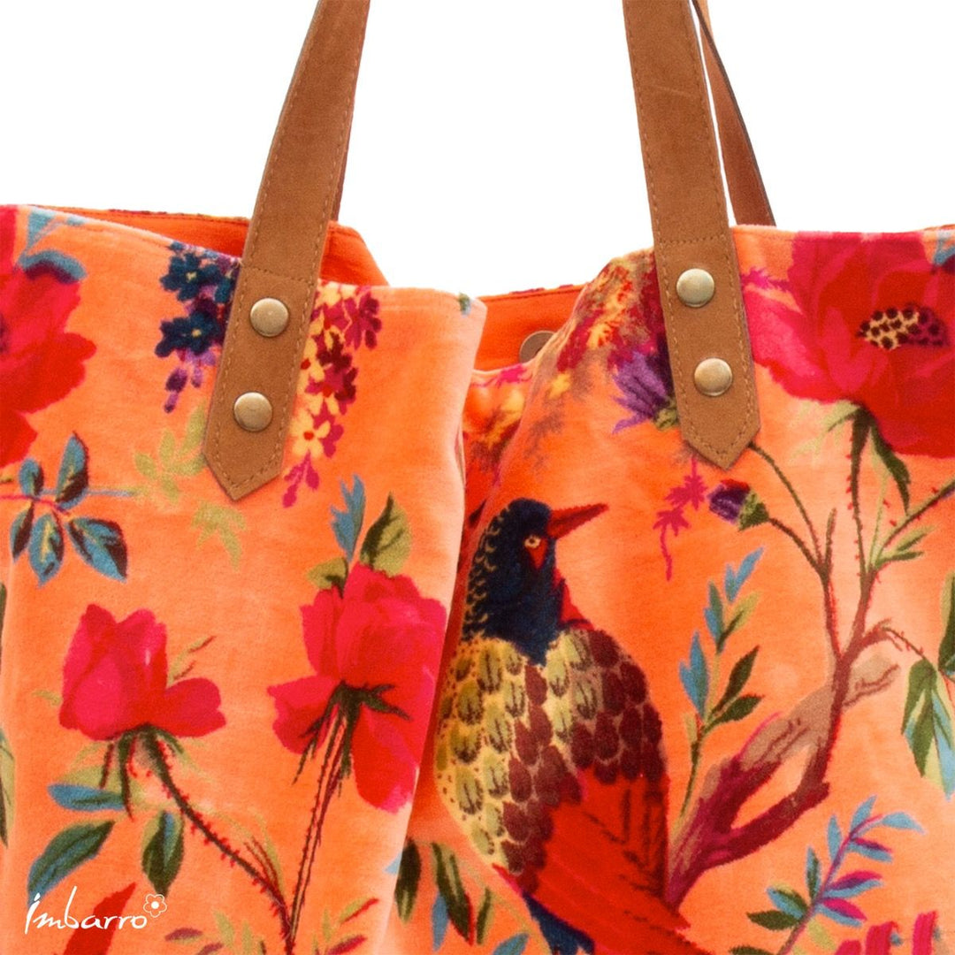 Shopper Tasche Mandarine – elegante Samttasche mit floralem Vogelmotiv in Orange