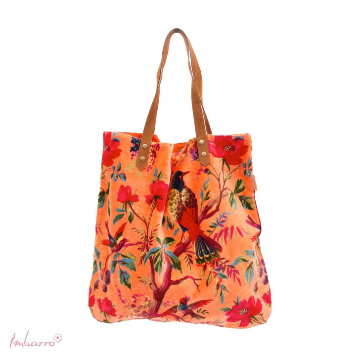 Shopper Tasche Mandarine – elegante Samttasche mit floralem Vogelmotiv in Orange