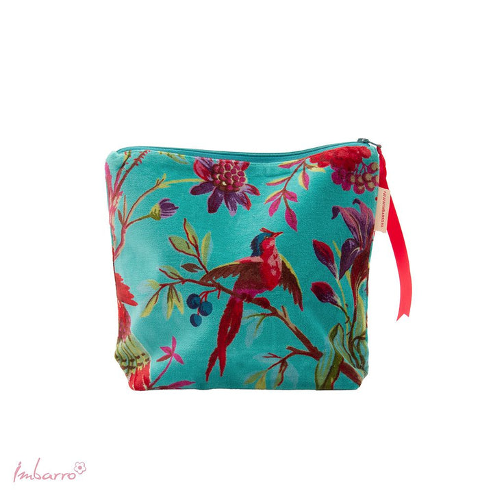 Kosmetiktasche Blossom – stilvolle Samttasche mit floralem Vogelmotiv in 9 Farben