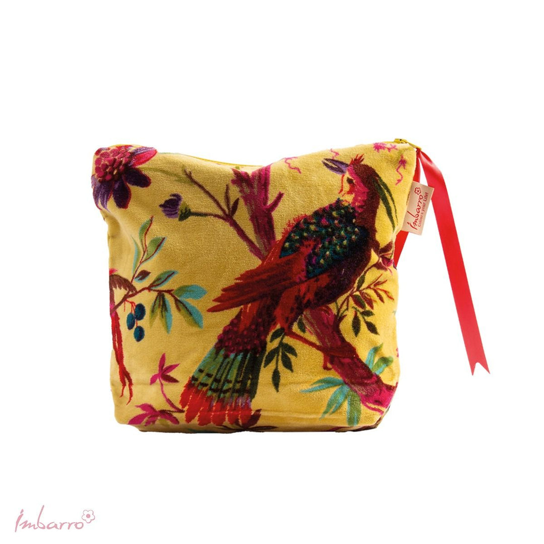 Kosmetiktasche Blossom – stilvolle Samttasche mit floralem Vogelmotiv in 9 Farben