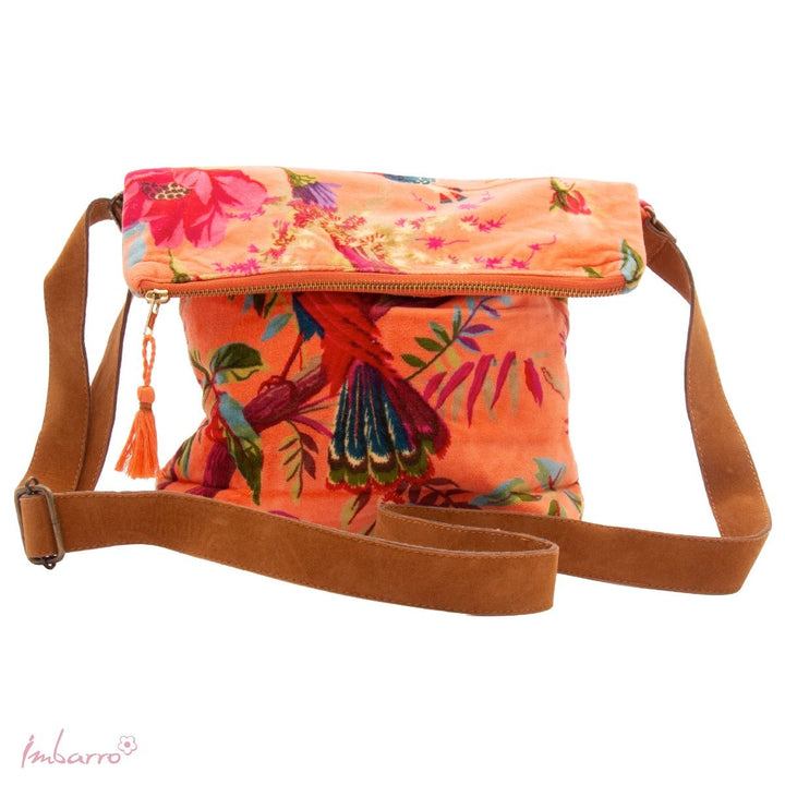 Umhängetasche Blossom – elegante Samttasche mit floralem Design in Orange