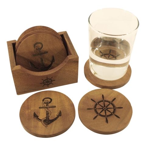 Untersetzer Anker Steuerrad 6er Set – maritime Glasuntersetzer aus Akazienholz mit Gravur