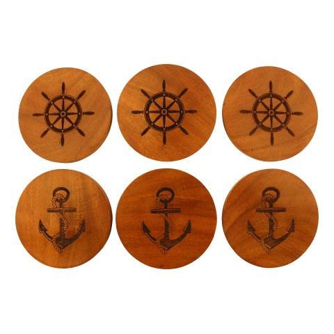 Untersetzer Anker Steuerrad 6er Set – maritime Glasuntersetzer aus Akazienholz mit Gravur