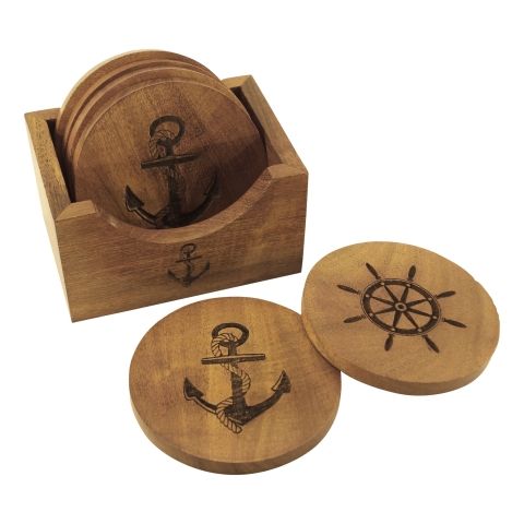 Untersetzer Anker Steuerrad 6er Set – maritime Glasuntersetzer aus Akazienholz mit Gravur