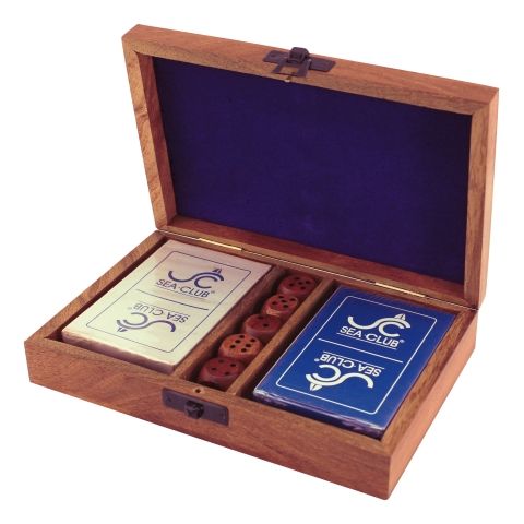 Spielkarten Box doppelt mit Würfeln aus Akazienholz – Kartenbox mit Lasergravur
