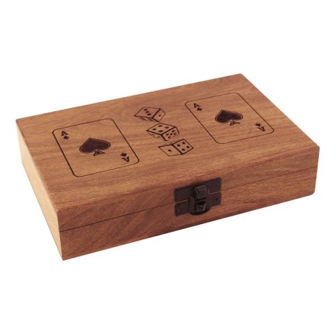 Spielkarten Box doppelt mit Würfeln aus Akazienholz – Kartenbox mit Lasergravur