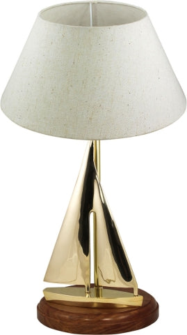 Lampe Segelyacht – maritime Tischlampe aus Messing und Holz mit Segel Design