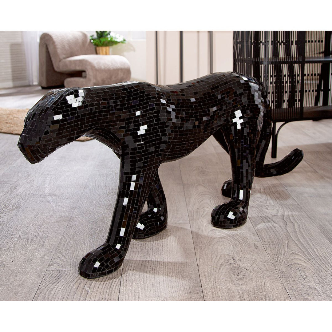 Figur Panther Black Disco – exklusive Design Skulptur aus Fiberglas und Spiegelglas in Schwarz