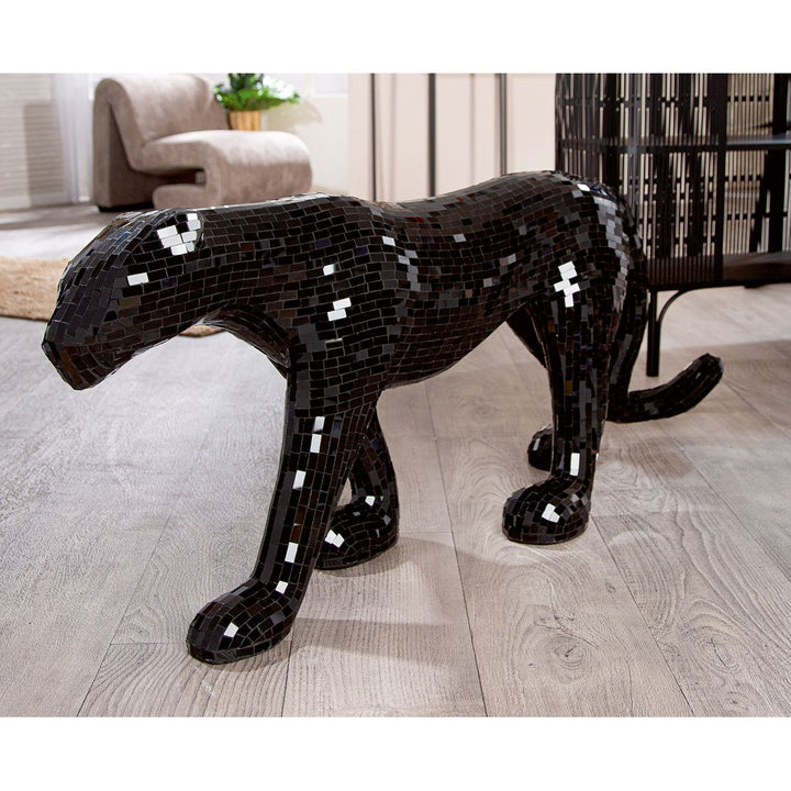 Figur Panther Black Disco – exklusive Design Skulptur aus Fiberglas und Spiegelglas in Schwarz