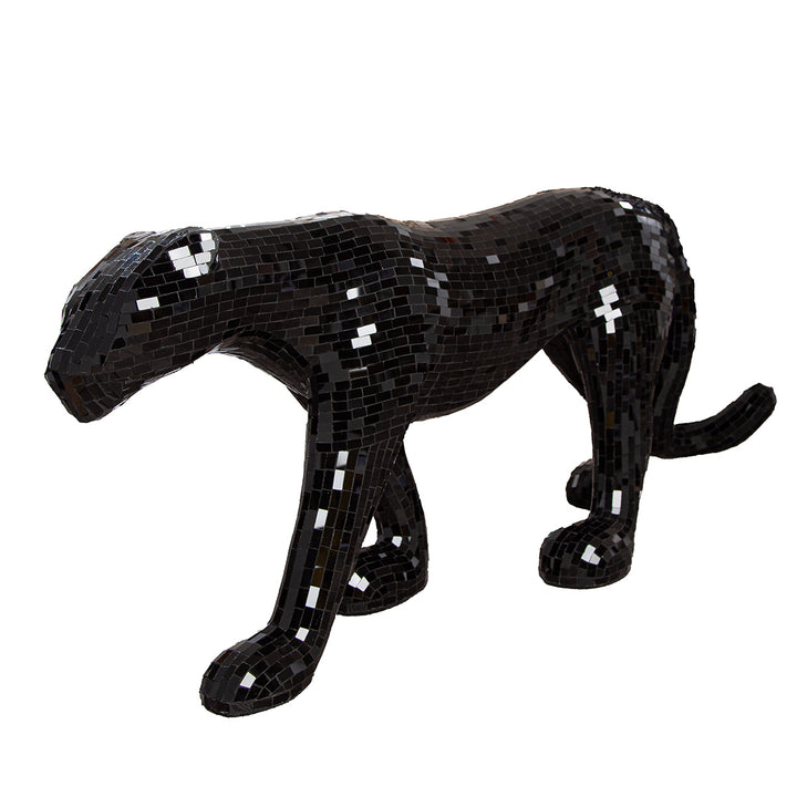Figur Panther Black Disco – exklusive Design Skulptur aus Fiberglas und Spiegelglas in Schwarz