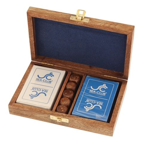 Karten und Würfel Box – stilvolles Spielset aus Mango Holz mit Messing Details