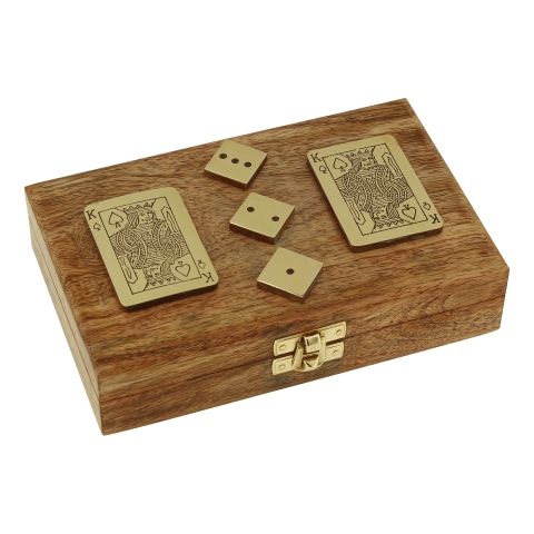 Karten und Würfel Box – stilvolles Spielset aus Mango Holz mit Messing Details