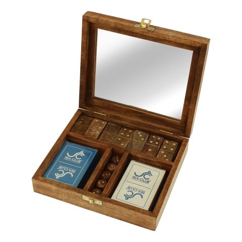 Karten Würfel Domino Box – edles Spielset aus Mango Holz mit Glas und Messing