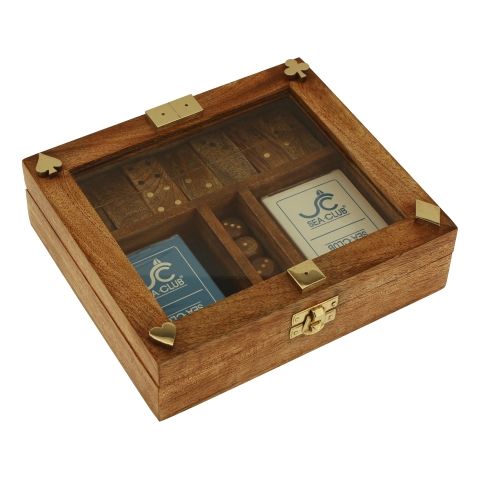 Karten Würfel Domino Box – edles Spielset aus Mango Holz mit Glas und Messing