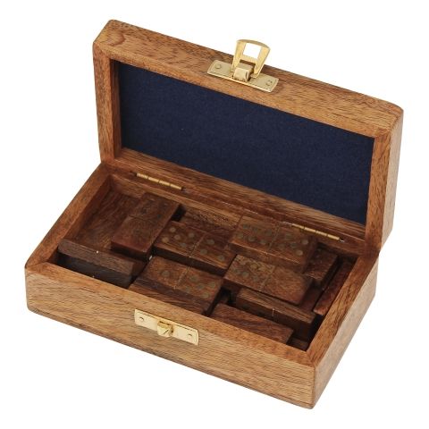 Domino Spiel in Mango Holz Box mit Messingdetails – klassisches Domino Set