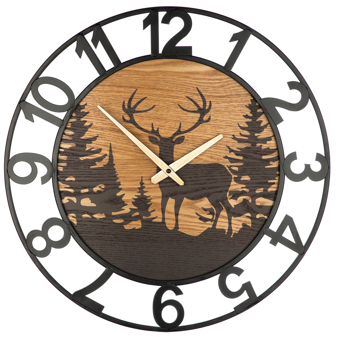 Wanduhr Waldesruh – dekorative Wanduhr mit Hirschmotiv in Natur und Schwarz