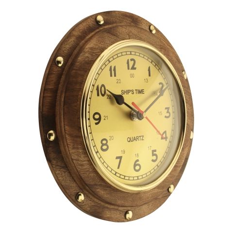Maritime Bullaugen Uhr – nautische Wanduhr aus Holz und Messing