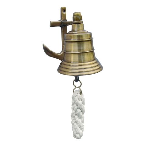 Schiffsglocke aus Messing antik mit Anker Wandhalterung und Bändsel, Ø 5,5 cm