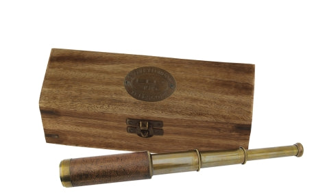 Teleskop Messing Leder Antik in Holzbox – maritimes Fernrohr im klassischen Vintage Stil