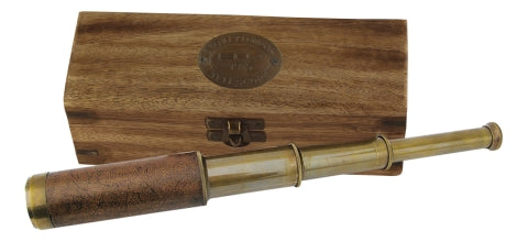 Teleskop Messing Leder Antik in Holzbox – maritimes Fernrohr im klassischen Vintage Stil