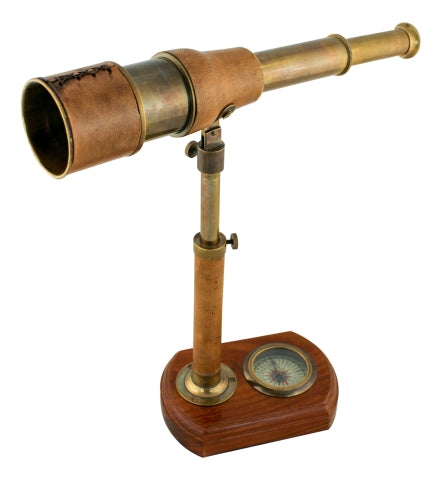 Stand Teleskop mit Kompass – maritimes Messing Instrument mit Leder im Vintage Stil