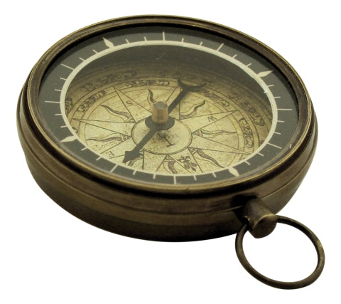 Kompass Antik mit Ring – flacher Messing Kompass im maritimen Vintage Stil