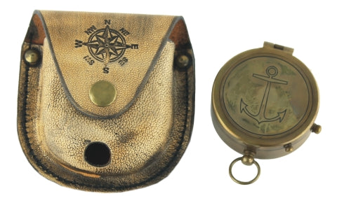 Kompass mit Deckel und Ring – antiker Messing Kompass mit Leder Etui im maritimen Stil