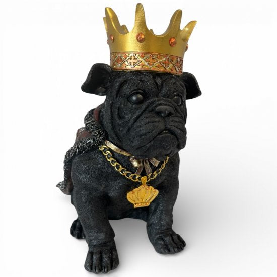 Dekofigur Bulldogge König – majestätische Tierfigur aus Kunstharz in Schwarz und Gold