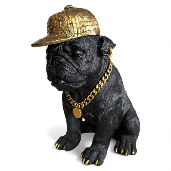 Dekofigur Bulldogge mit Cap – stylische Tierfigur aus Kunstharz in Schwarz und Gold