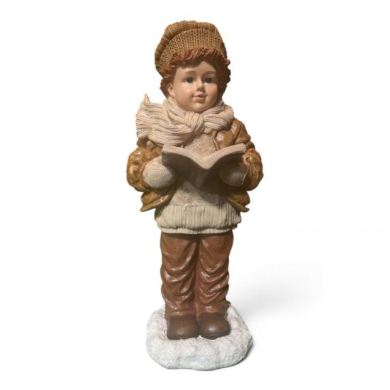 Junge mit Buch groß, dekorative Winterfigur aus Kunstharz, 58,5 cm