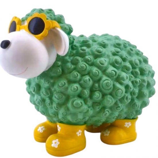 Deko Schaf mit Blumenbrille Grün aus Polyresin – fröhliche Tierfigur für Haus und Garten