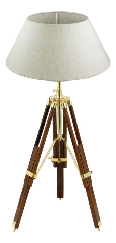 Stativ Lampe – kompakte höhenverstellbare Tischlampe aus Holz und Messing