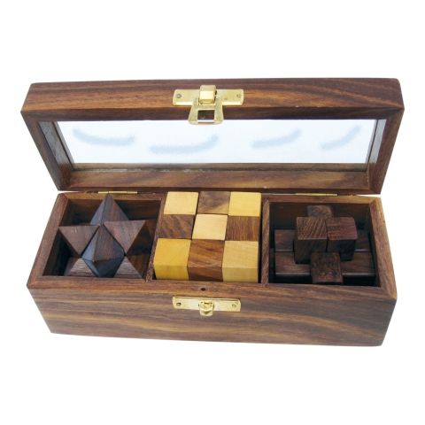 Knobelspiele in der Box – kreative Denkspiele aus Holz mit Glasdeckel