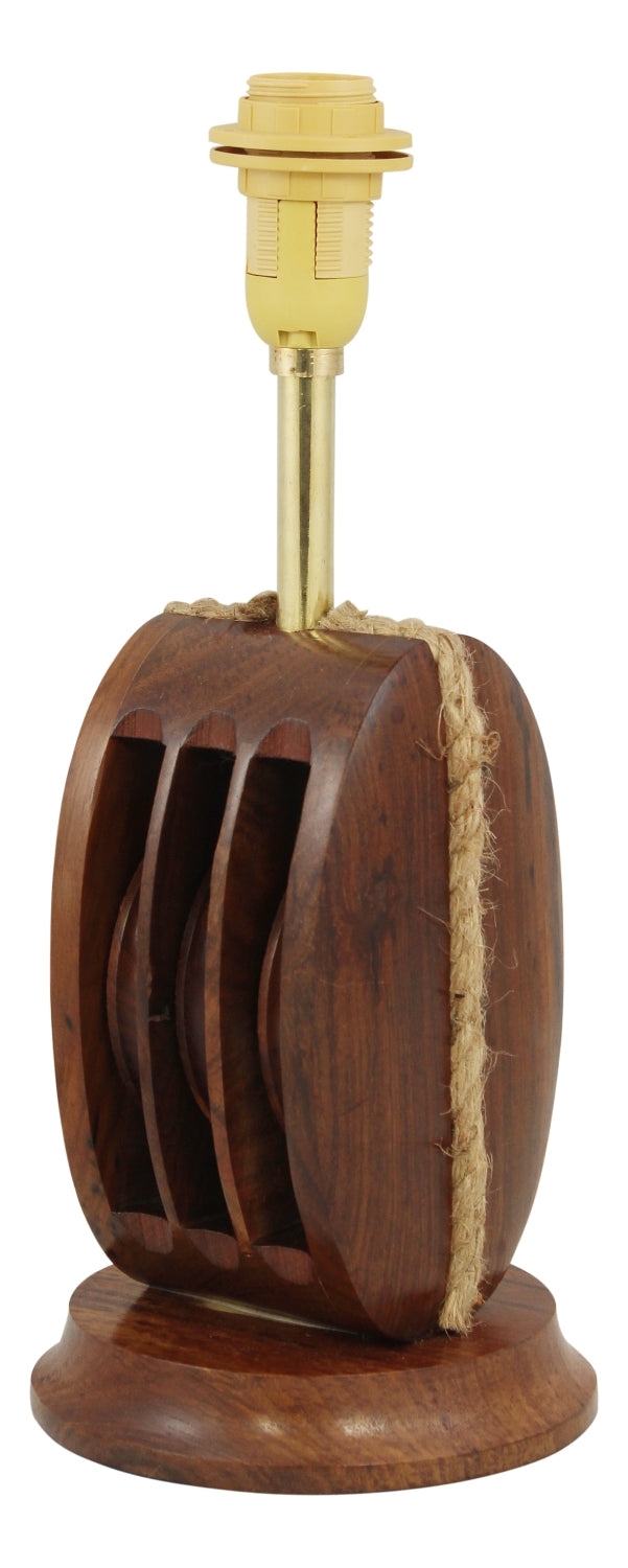 Lampe Blockrolle – kompakte maritime Tischlampe aus Holz mit wählbarem Lampenschirm