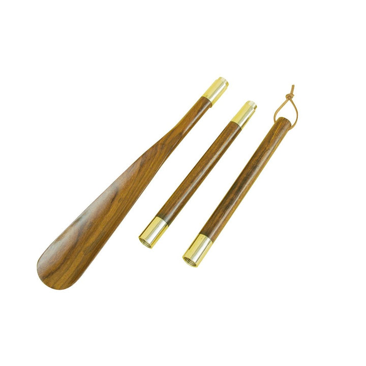 Schuhlöffel aus Holz und Messing – dreiteiliger Schuhanzieher 70 cm