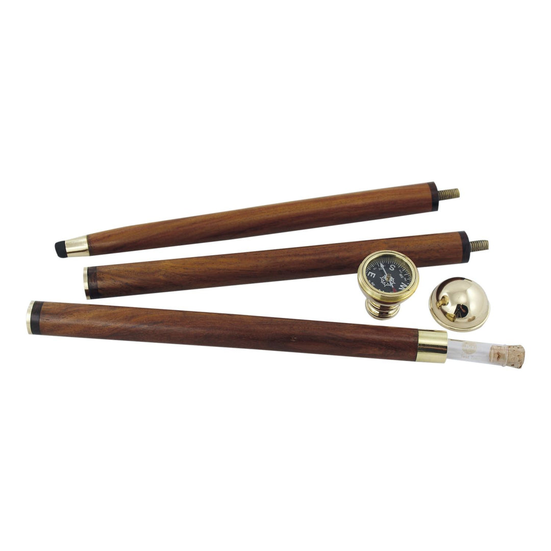 Spazierstock mit Kompass und Glasröhrchen – eleganter Gehstock aus Holz und Messing
