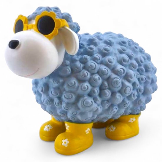 Deko Schaf mit Blumenbrille Blau aus Kunstharz – fröhliche Tierfigur für Haus und Garten