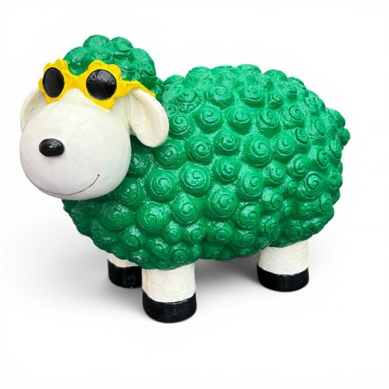 Deko Schaf mit Blumenbrille XL Grün aus Kunstharz – originelle Tierfigur für Haus und Garten