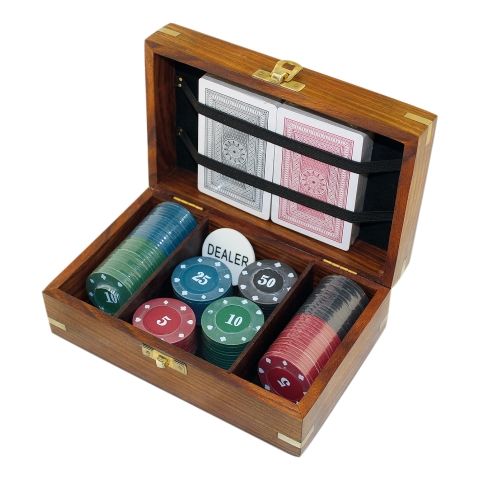 Poker Spiel Set – edles Kartenspiel mit 100 Chips und Dealer in Holzbox
