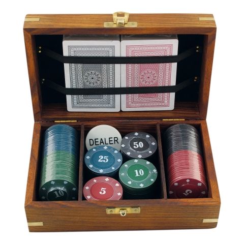 Poker Spiel Set – edles Kartenspiel mit 100 Chips und Dealer in Holzbox